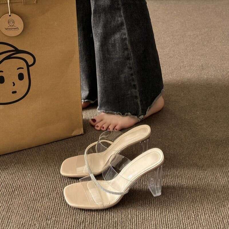 French Style Women's Sandals Outdoor Wear, Designer Shoe Shoes Summer 2025, Transparent Square Toe, Crystal Chunky Heels, High Heels for Women