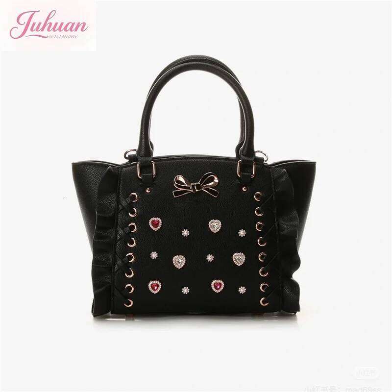 Japanese Cross Lolita Handbags Female Gradual Change Color Rhinestone Gemstone Mine Tie Bow Portable Oblique Span Tote Bags Girl