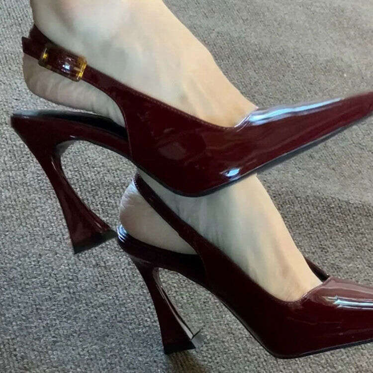 Mouth Shallow Buckle Burgundy Designer Shoe High Feminine Thin Heels Elegant Comfortable Back Strap Sandals 2025 Spring New Style
