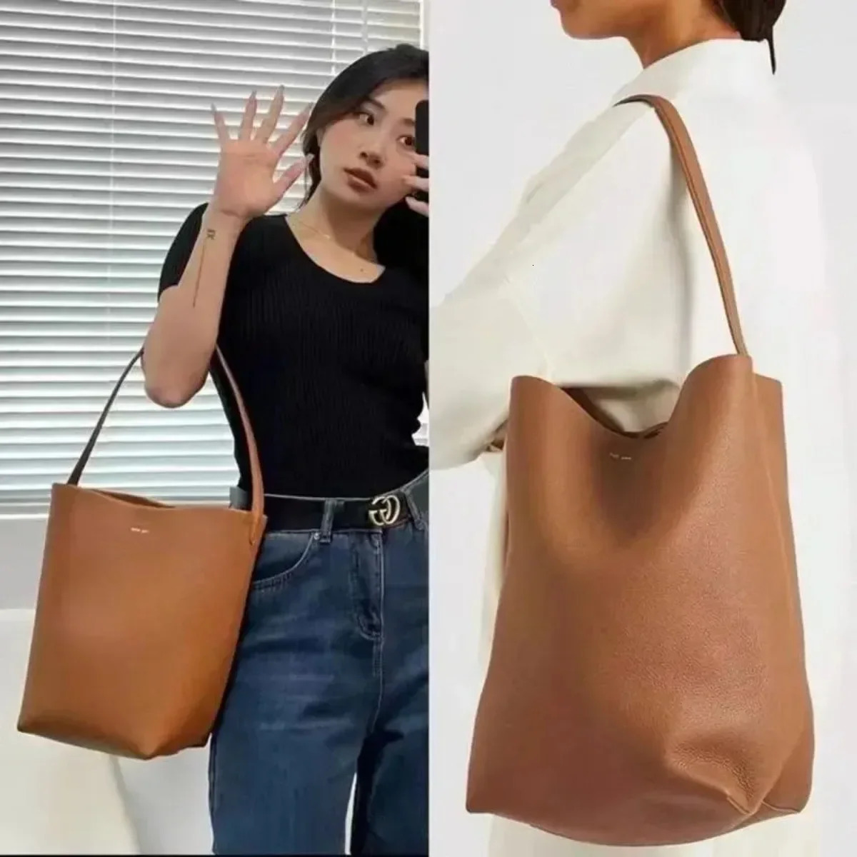 Large Capacity Women Bag Lazy Tote Leather Single Shoulder Bag Genuine Leather Handbag Casual Daypack Waist Pack Bucket Handbag 250818