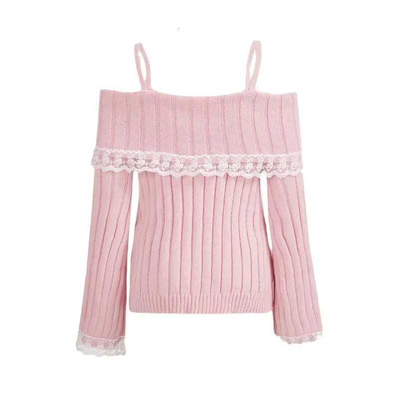 Women Off Shoulder Knit Sweater Pink Pullover Sweet Pullovers Long Sleeve Bow Lace Patchwork Jumpers Y2K Streetwear XJ250819