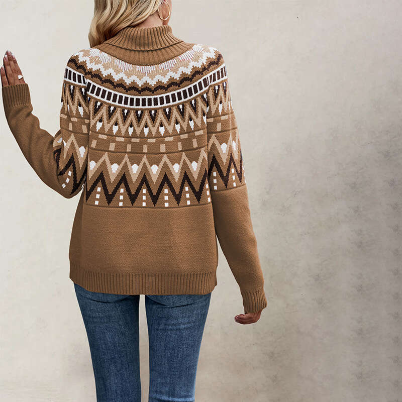 Autumn Winter New Women's Clothing Patchwork Color Block Sweater High Neck Loose Knit B5