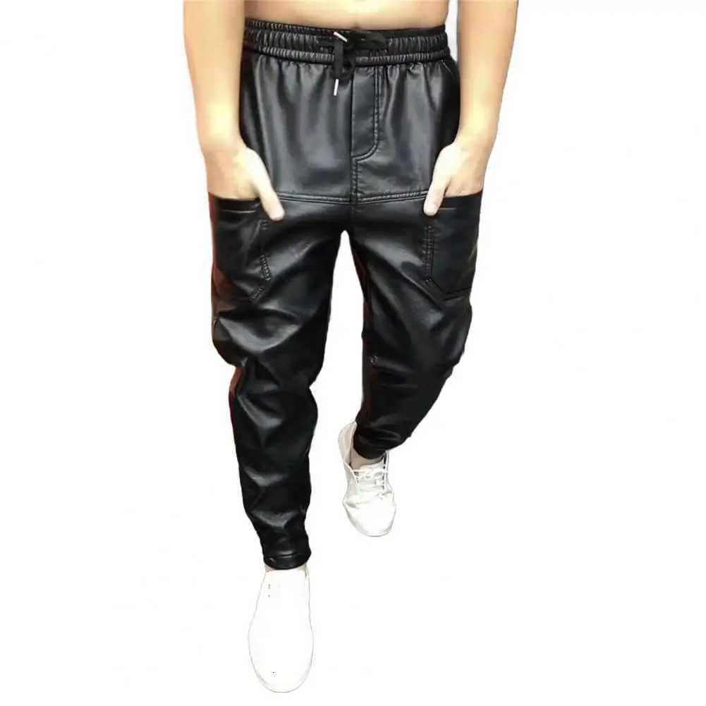 Black Drawstring Pants Black Pants Stylish Mens Faux Leather Pants with Pockets Stretchy Waist Motorcycle Style for Spring W250819