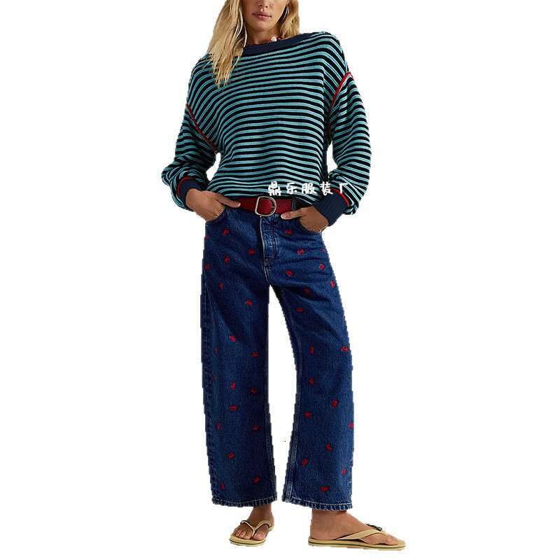 New Autumn And Winter Women's Striped Knitted Round Neck Pullover Loose Sweater B3