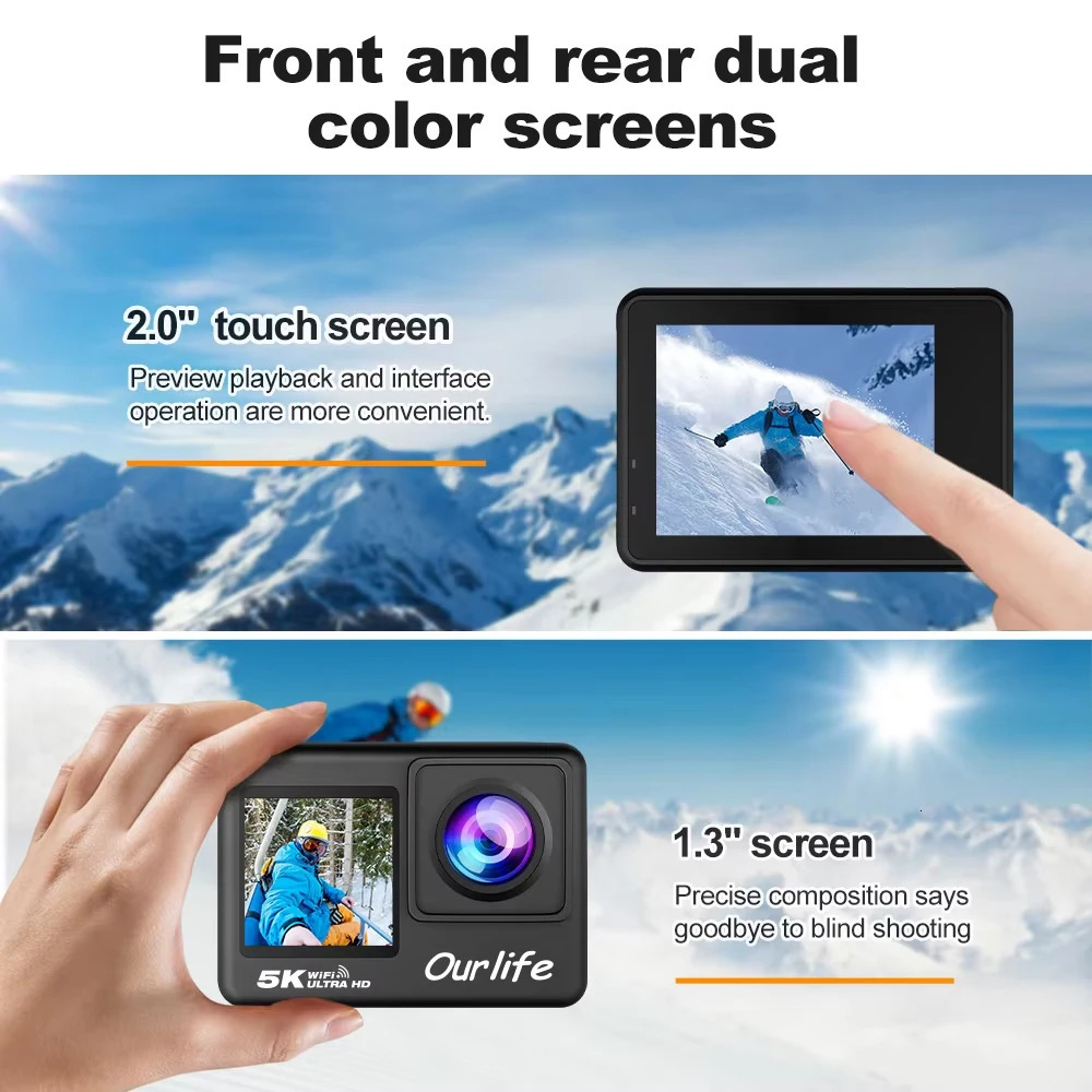 Ourlife Action Camera 5K 4K60FPS EIS WiFi Dual Screen 170D 2.0 Inch Touch Screen 30M Waterproof Sport Camera With Remote Control 250813