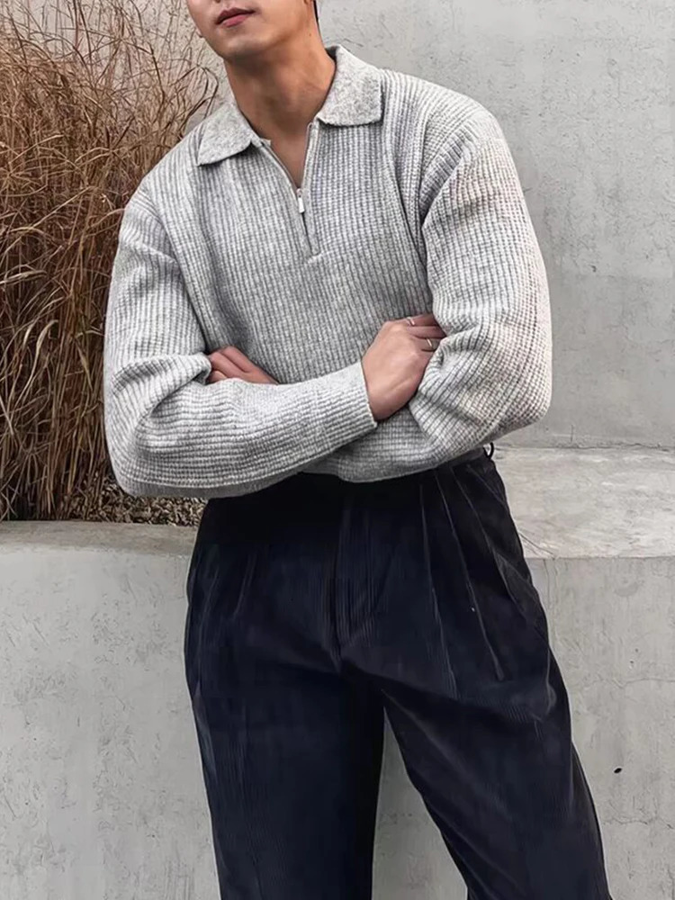 Streetwear Vintage Polo Collar Jumper Tops Men Spring Trendy Solid Color Zip-up Long Sleeve Knit Polo Shirt For Mens Sweaters 250818
