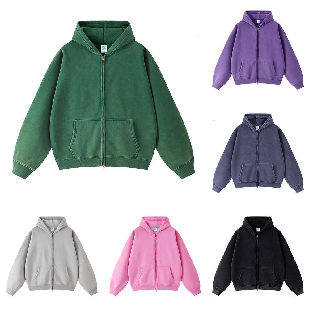 Men's Hoodies Sweatshirts Wholesale streetwear heavyweight oversized no string zip up vintage acid wash mens hoodie z241026 AAA