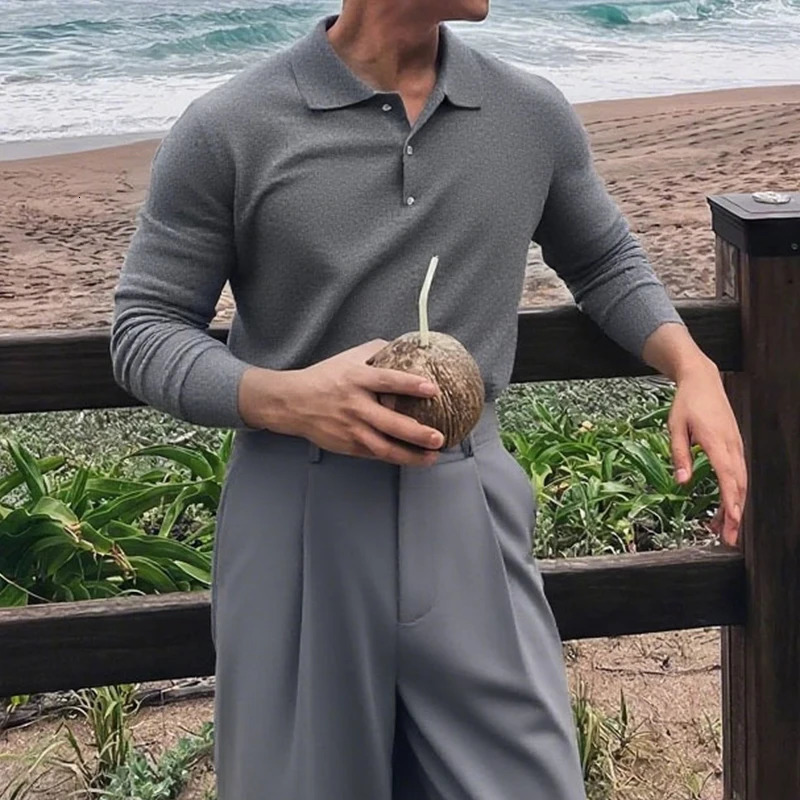 Slim Fit Button-up Turn-down Collar Knit Polo Shirt Fall Fashionable Mens Long Sleeve Polos Trendy Mens Solid Color Polo Shirts 250818