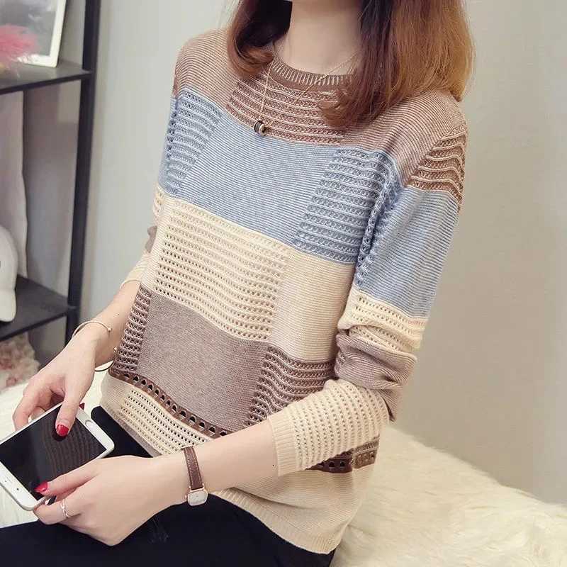 2023 New Sweater Women Striped Pullover Thin Knitting Korean Version Loose Hook Hollow Jumper Casual Top XJ250819