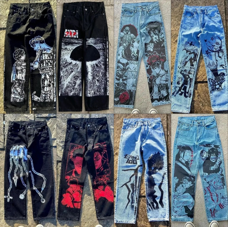 Men's Jeans Y2K Anime Print Trouser Jeans for Men Baggy Jean Harajuku Streetwear Wide Leg Women High Waist Pants