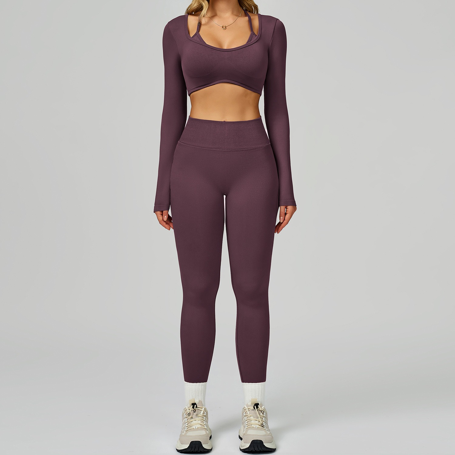 Women's Seamless Yoga Set - Halter Neck Long Sleeve & High-Waist Leggings for Sports
