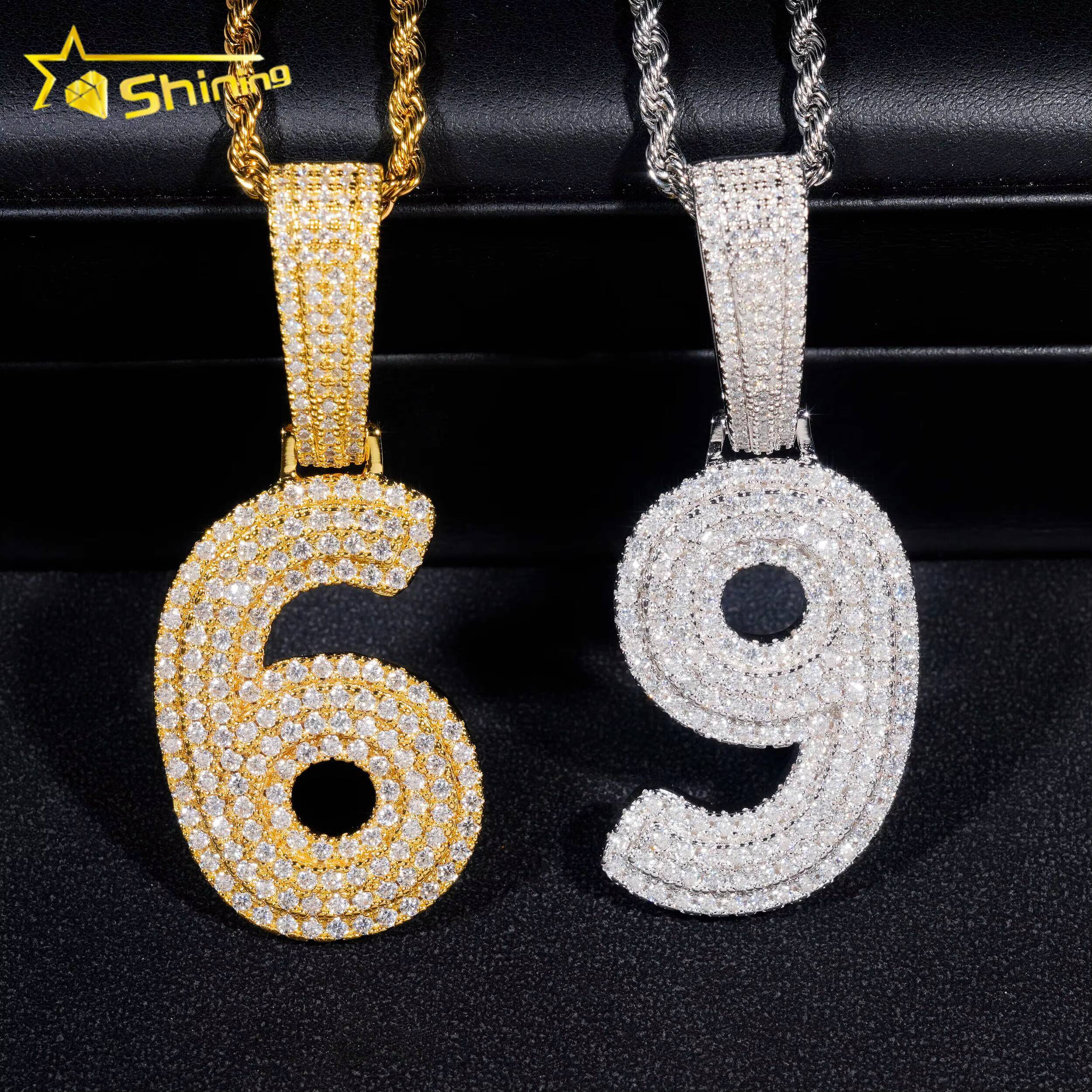 Custom Made Hip Hop Jewelry Necklace Gold Plated S925 Sterling Silver Iced Out Vvs Moissanite Diamond Number Pendant