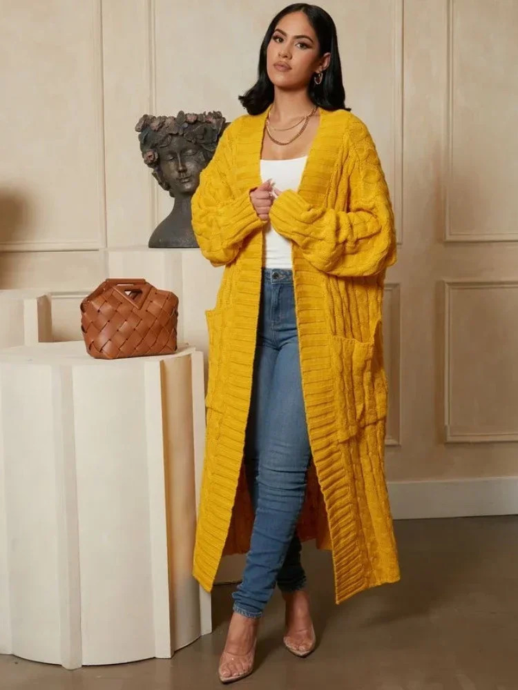 Kintted Cardigan Women Long Jacket Autumn Winter Yellow Crochet Loose Sleeve Woman Sweater Warm Jumper Causal Cardigans 250819