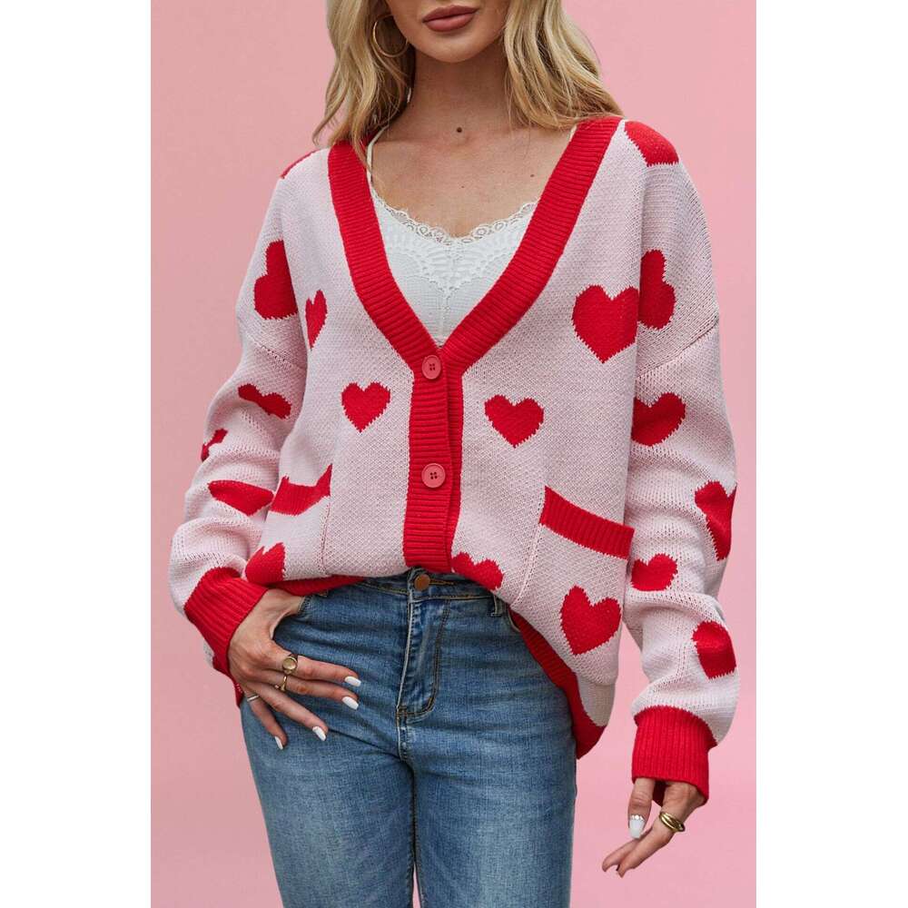 New Autumn Winter Valentine's Day Heart Peach Cardigan Pocket V-Neck Regular Fit Knitted Jacket B5