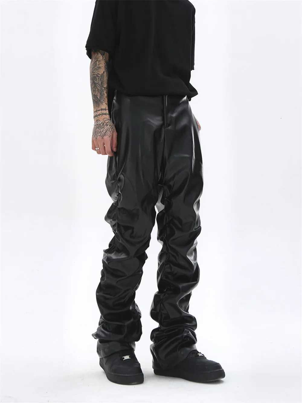 Mens Leather Pants Dark Punk Niche Design Bright Pleated Leather Pants Mens Hip-hop Loose Casual Pants for Men W250819