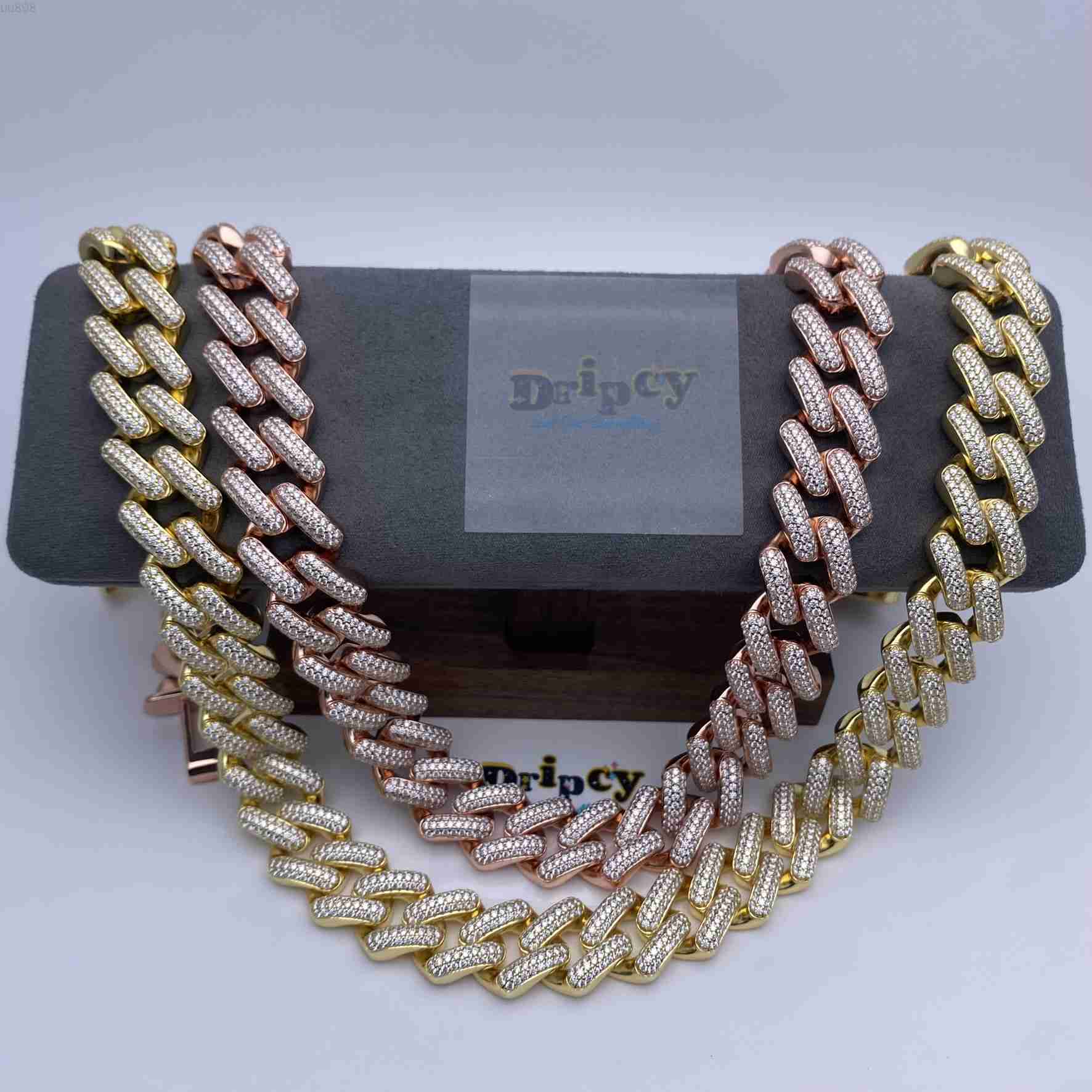 15MM Fine Jewelry Moissanite Vvs1 d Color Cuban Link Chain Real Iced Necklace Hip Hop Pass Test Bracelet Cuban Chains
