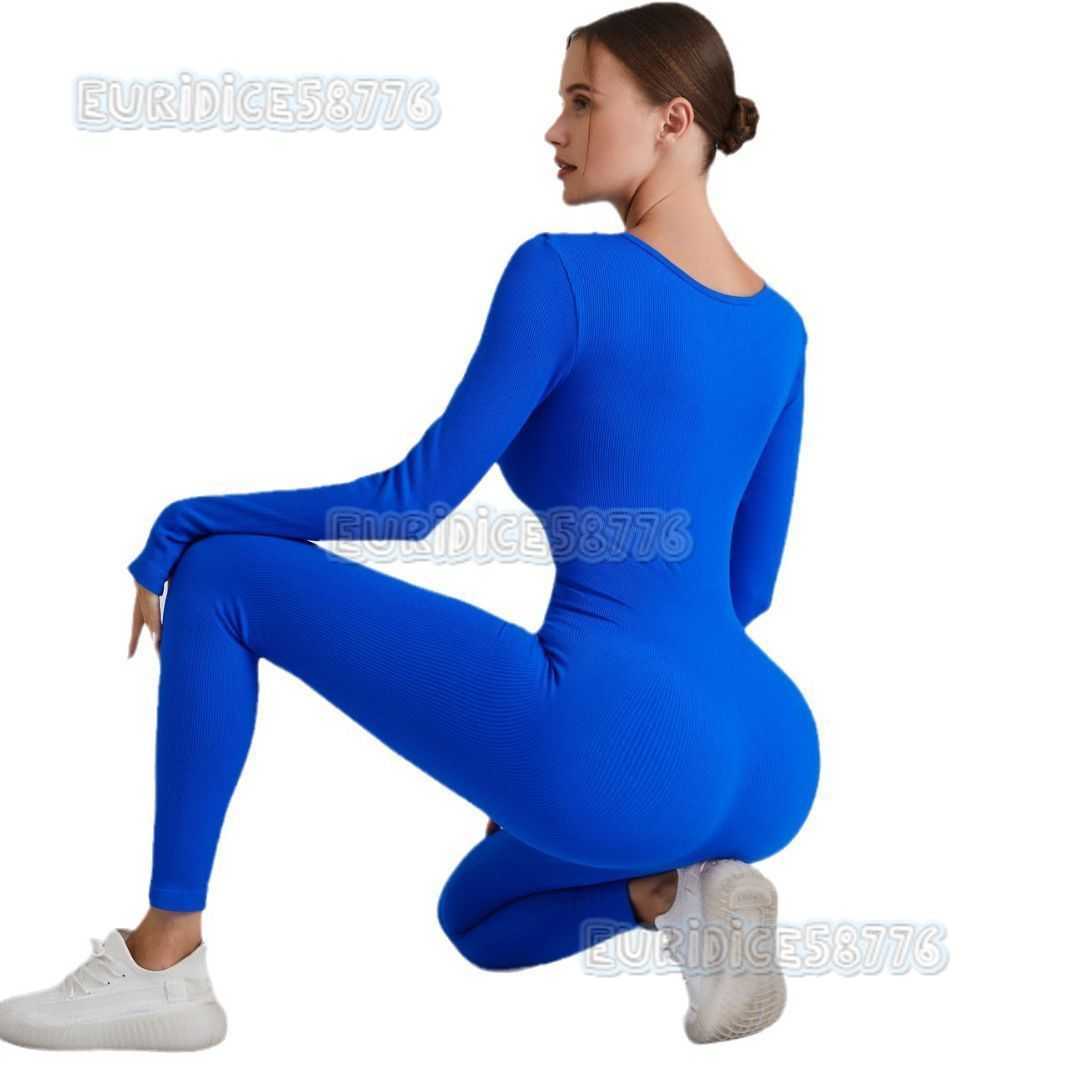 Autumn Winter Threaded Long One-piece Yoga Suit Women Quick-drying Running Fitness Sports Jumpsuit Long Sleeve Yoga Pants H250819