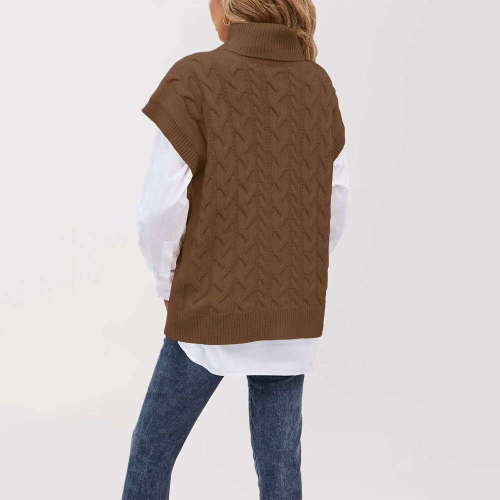 Autumn Winter New Temu Sleeveless Button Rope Vest Knitted Loose Pullover High Neck Sweater For Women B5