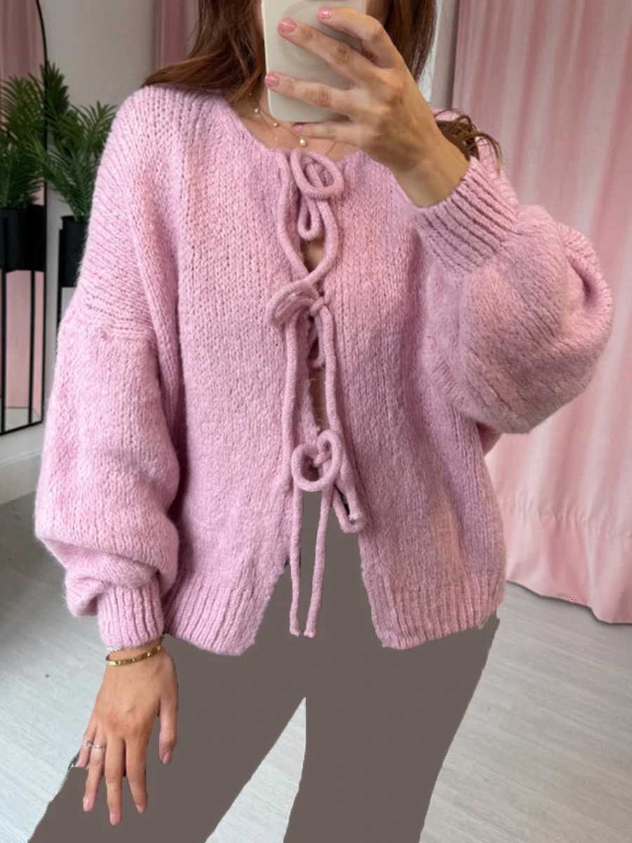 Fashion Knitted Bow Lace Up Cardigan Women Sweater Y2k Open Front Sweet Knitted Cardigan Lantern Sweater Oversized Cardigan XJ250819