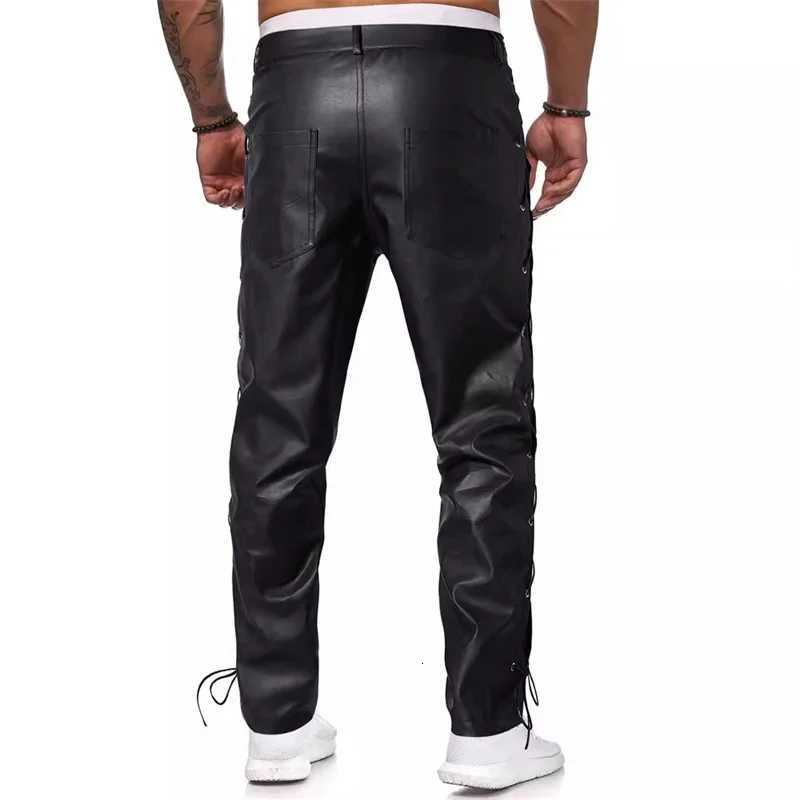 2024 Fashion High Street Mens Hot Loose Faux Leather Pants Unique Design Tied Casual Trousers W250819