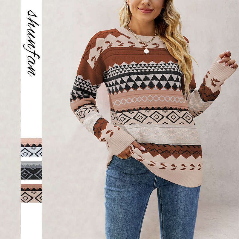 Autumn Winter New Women's Clothing Pattern Diamond Jacquard Multi-Color Spliced Knitted Sweater Pullover B5