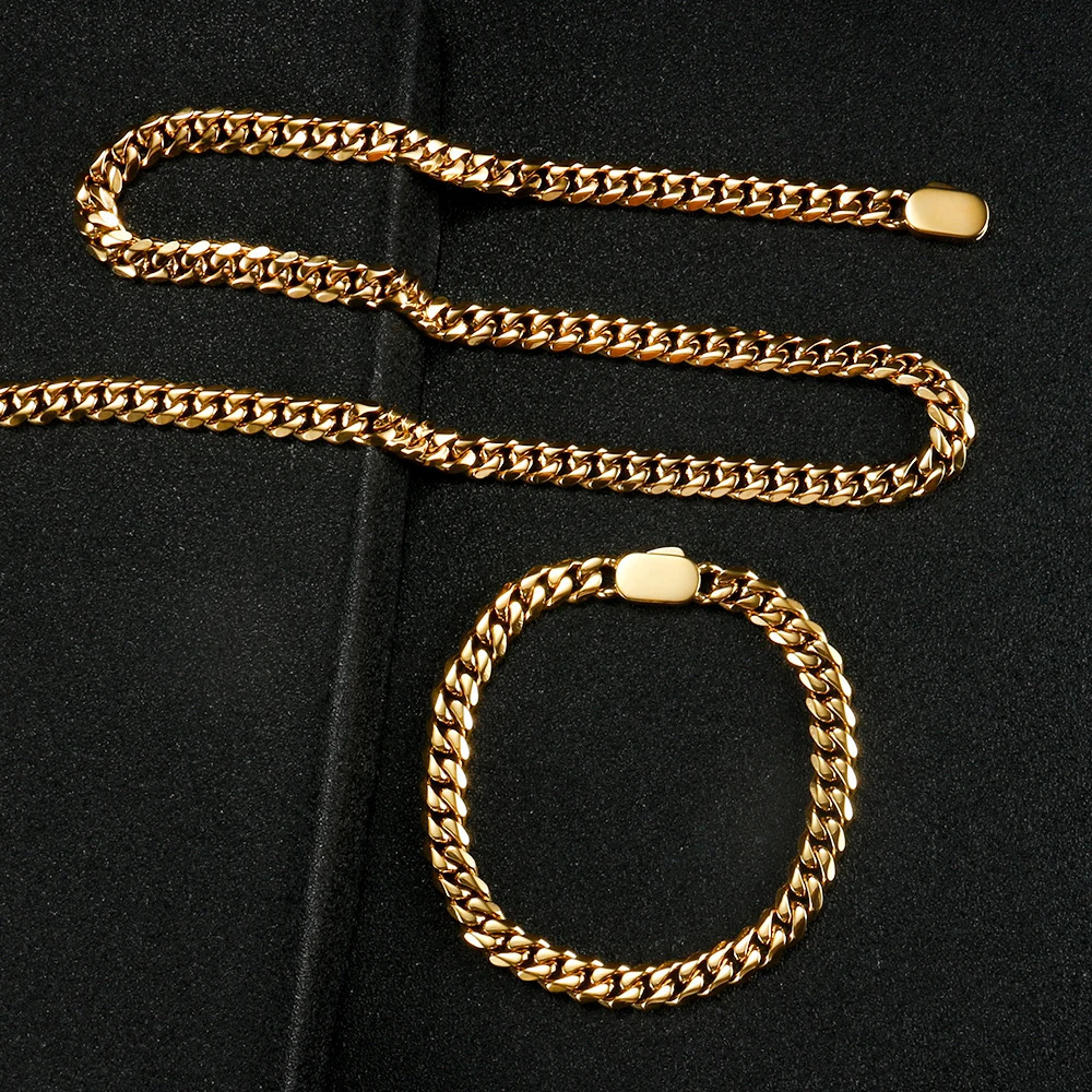 8mm12mm Hip-Hop 316L Stainless Steel Necklace For Men Women Golden Curb Cuban Link Chain Golden Bracelet Fashion Jewelry Gift 250815