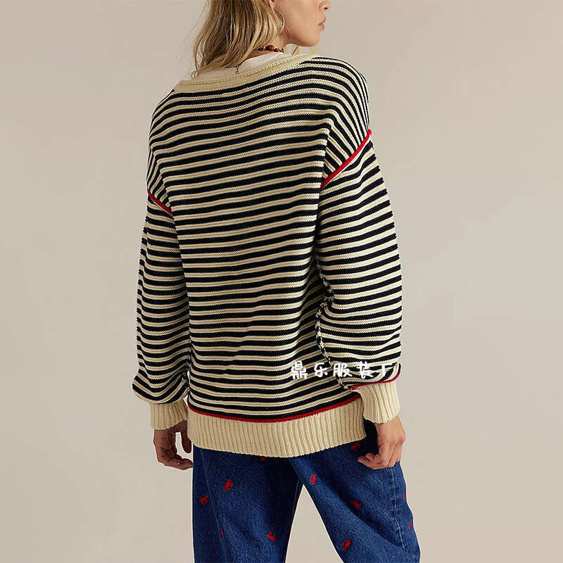 New Autumn And Winter Women's Striped Knitted Round Neck Pullover Loose Sweater B3
