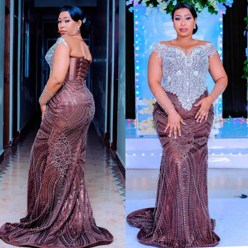 Plus Size Aso Ebi Mermaid Prom Dress 2025 Evening Dresses Robe De Sorrie Sheer Neck Long Sleeves Beaded Lace Crystals Birthday Dress Second Reception 
