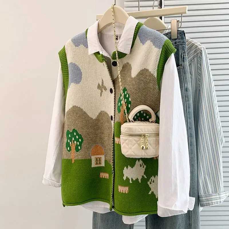 2025 Autumn Winter Korean Style Youthful Jacquard Knit Cardigan Vest Women Oversized Sleeveless Sweater Coat Layering XJ250819
