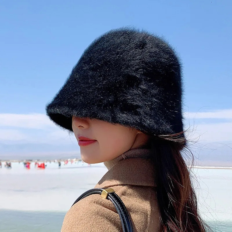 Womens Winter Rabbit Fur Bucket Hat Warm Knitted Fisherman Beret for Cold Weather Korean Japanese Style Unisex Outdoor Travel 250819
