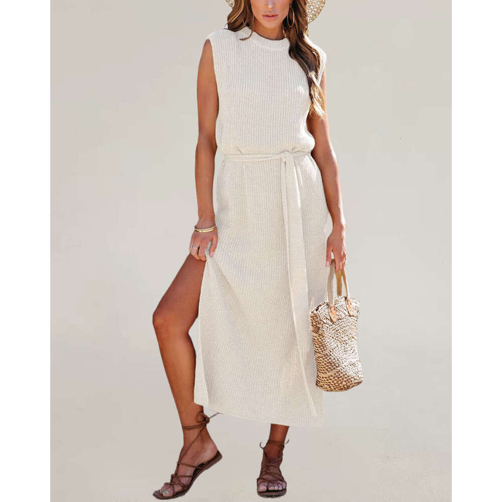 New Women's Round Neck Solid Color Dress With Slit And Belt Knitted Sweater B5