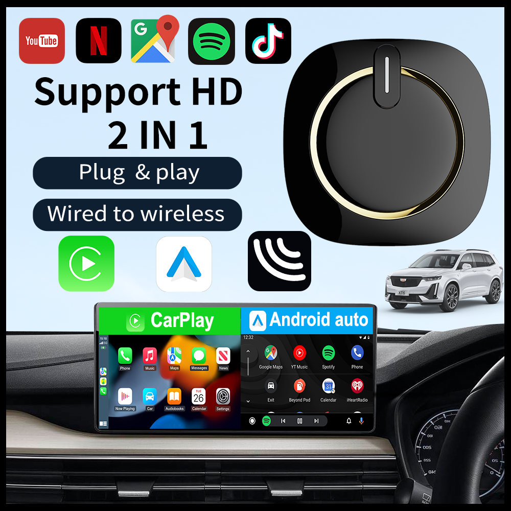 Kowankit Wireless Carplay Android Auto AI Box, Plug & Play Fits Cars, 2in1 Android 13 4+64GB Car Play Adapter, QCM6225, No Delay, USB-Powered, Battery