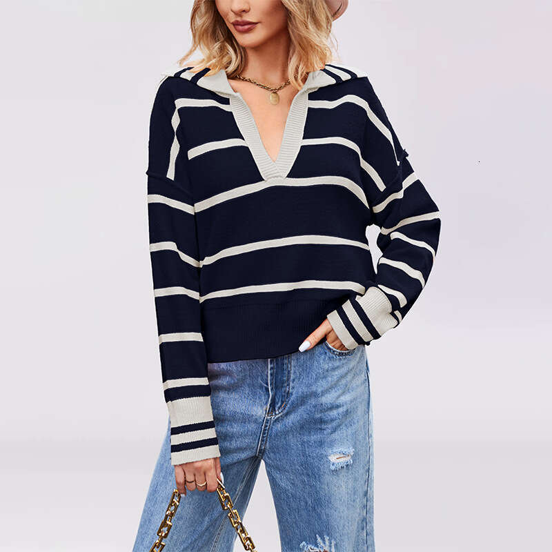 Autumn Winter Women's Fashion New Style Patchwork Color Striped Loose Sweater Turn-Down Collar Knitwear B5