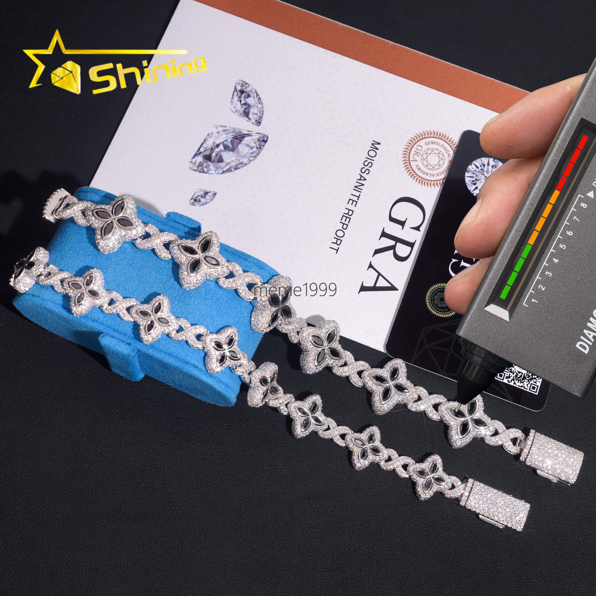 Hot Sale 15mm 18mm Black Color Moissanite Clover Bracelet Hip Hop Jewelry 925 Silver Iced Out Infinity Moissanite Cuban Bracelet