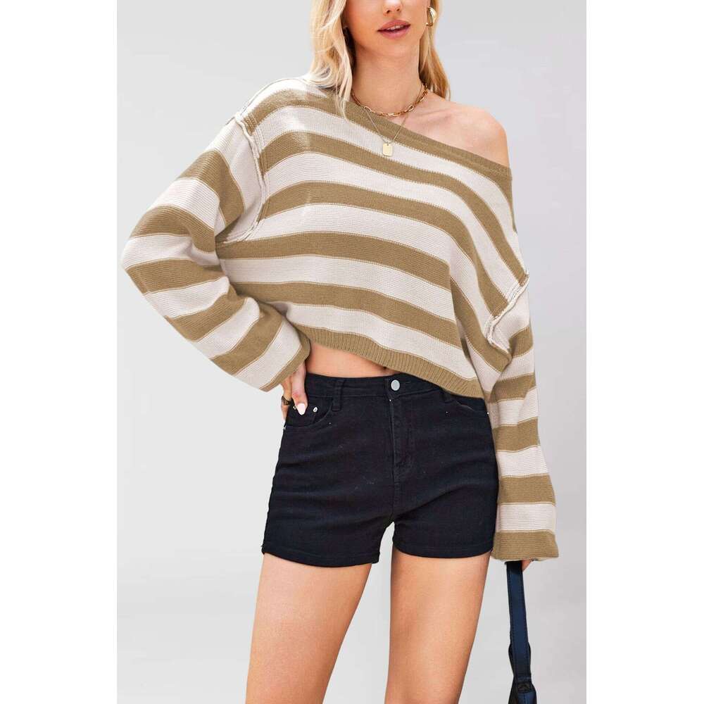 Autumn Winter Temu Women's Pullover Sweater Striped Loose Short Knitted Top B5