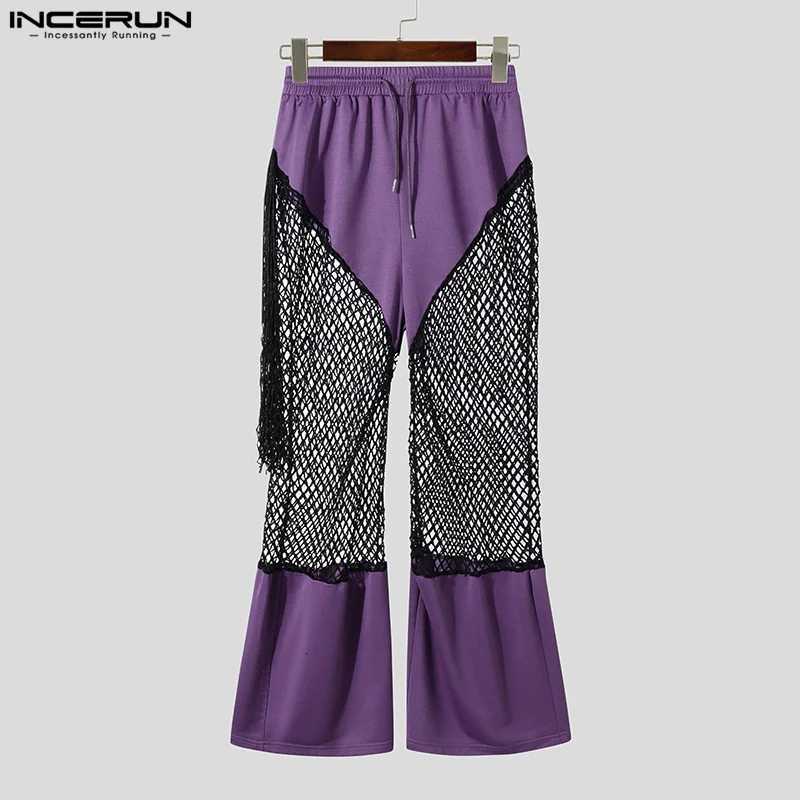 2025 American Style Trousers Fashion Mens Mesh Splicing Hollow Perspective Pants Casual Streetwear DrAWstring Trousers W250819