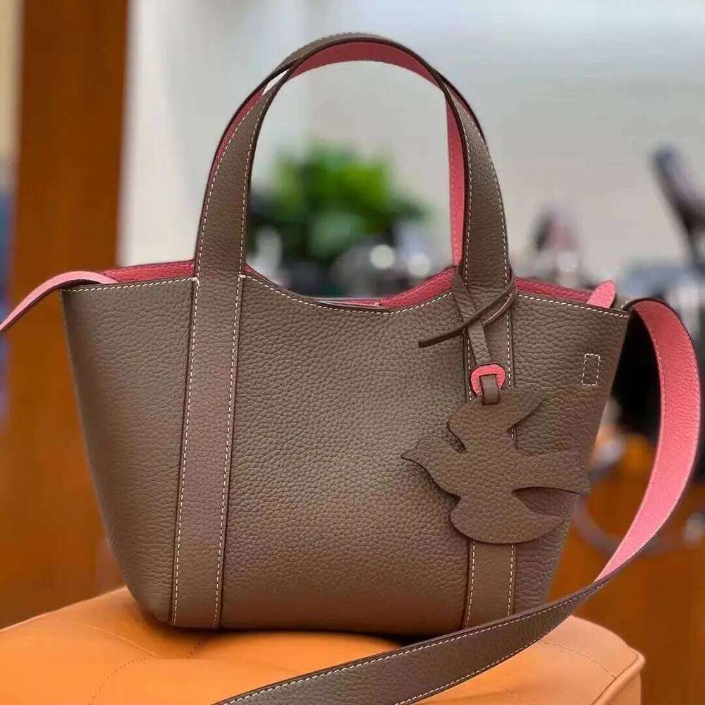 Double Sided Vegetable Basket Fashion Lychee Pattern Genuine Leather Handbags For Women Large Capacity Bucket Bag