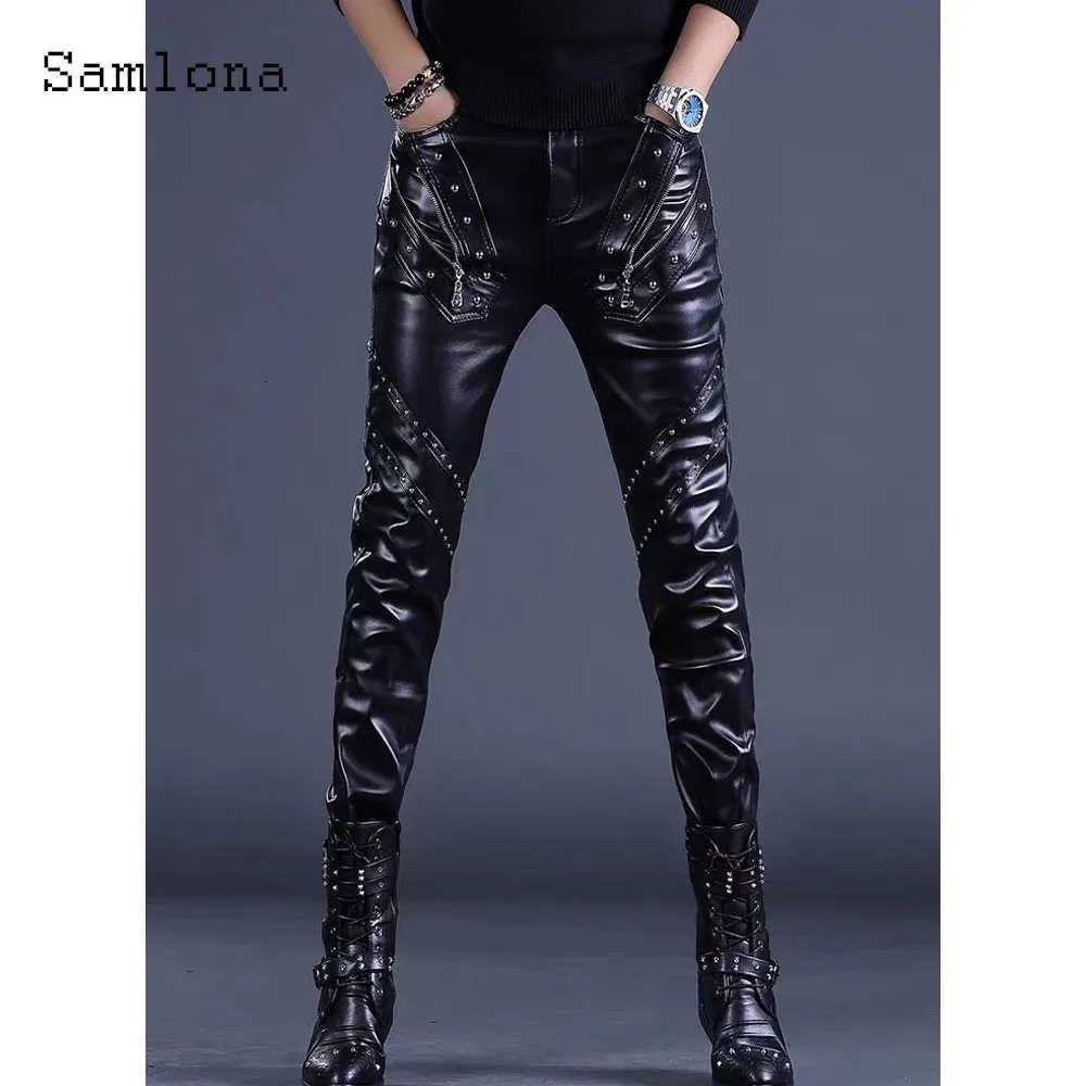 Sexy Zipper PU Leather Pants Men Streetwear 2025 European Style Fashion Rivets Party Trousers Black Luxury Faux Leather Hotpants W250819