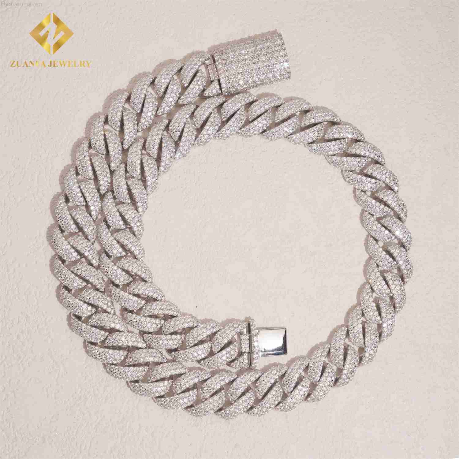 Ready Shipping 3 Row 16mm Miami Cuban Chain 925 Silver Moissanite Diamond Fine Jewelry Iced Out Moissanite Cuban Link Chain