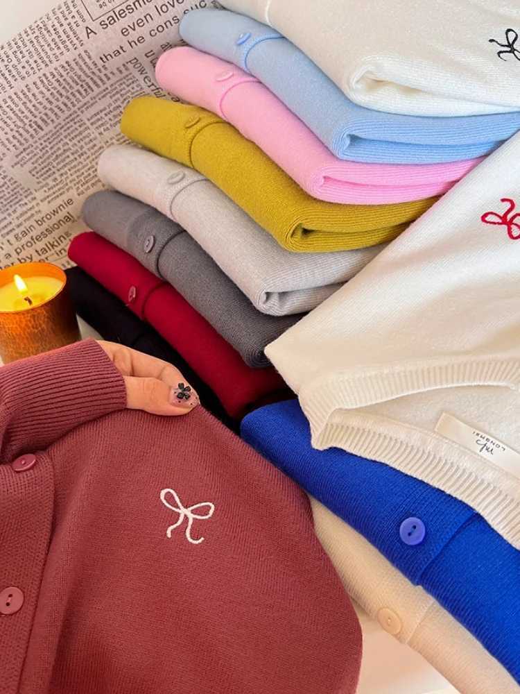 Korean Bow Embroidered Knitted Cardigan Women 2025 Autumn Winter Solid Full Sleeve Sweater Fashion O-Neck Single-Breasted Tops XJ250819