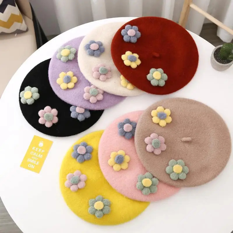 Princess Children Girl Baby Wool Beret Hat Cute Super Spring Autumn Parent Women Kids Three Flowers Painter Hat 250819
