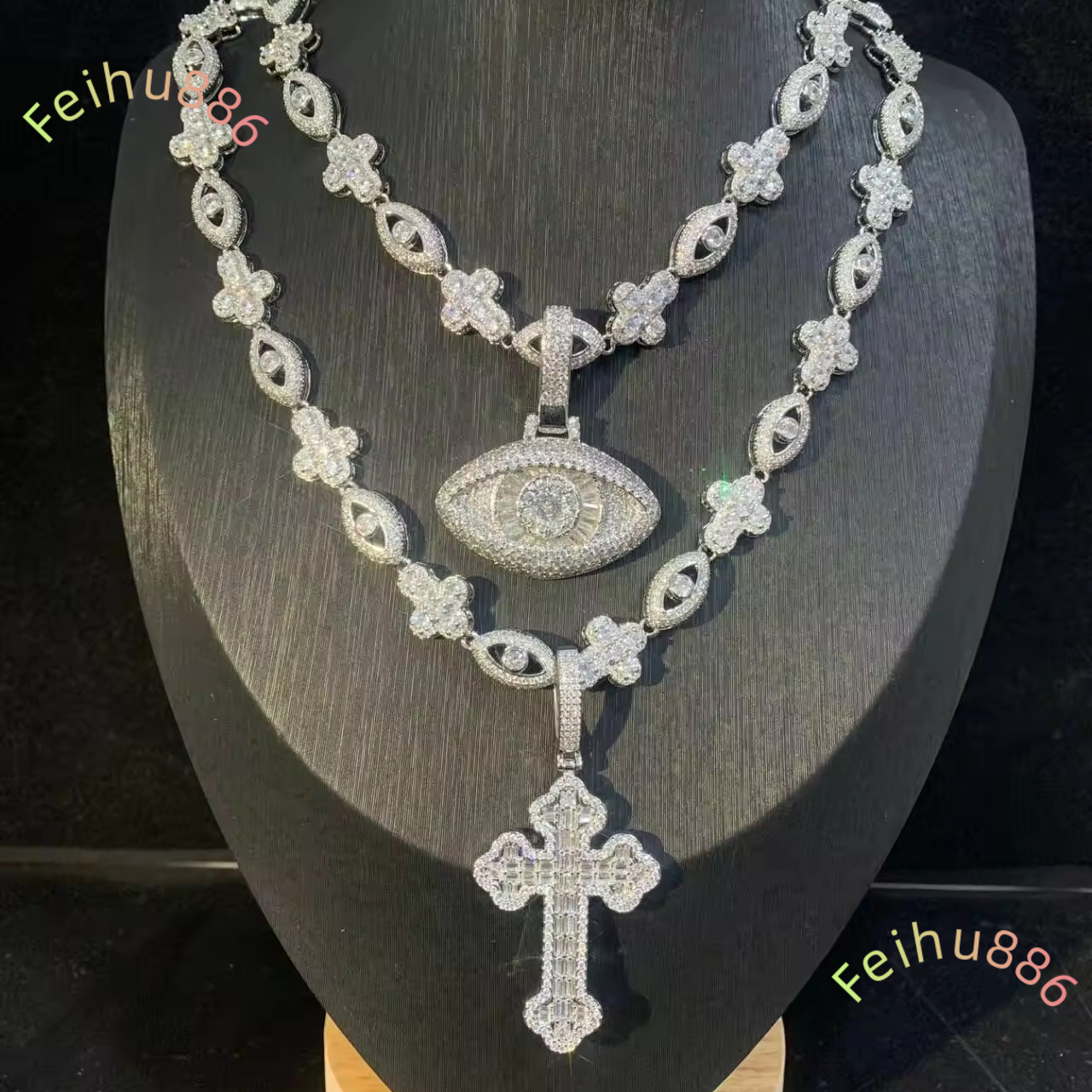 2025 New Iced Out Men Boy Jewelry Micro Paved Moissanite vvs Cross Evil Eye Charm Chain Hip Hop Necklace