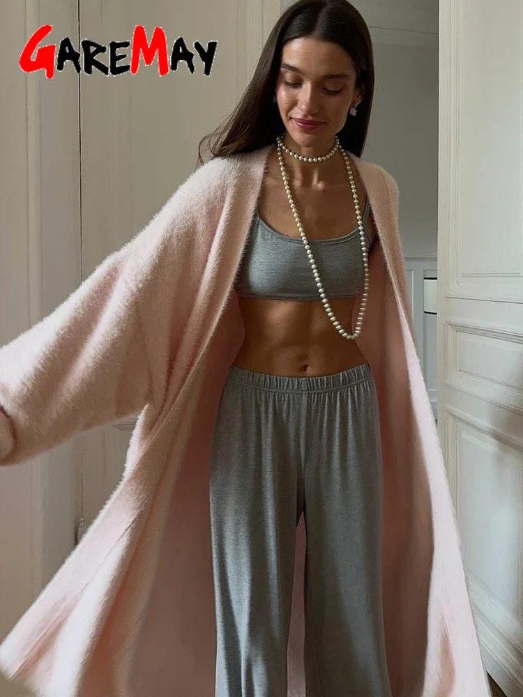 Vintage Solid Long Sleeve Cardigan for Women Fluffy Warm Womens Knitted Autumn White Oversize Sweater 250819