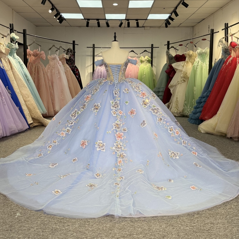 Sky Blue Shiny Princess Sweet 16 Dress Dress Quinceanera Dresses Applique Lace Beading Tull Party Birthday Vestidos 15 De Anos