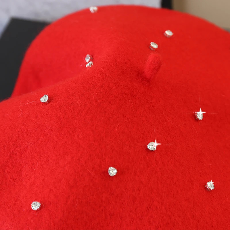 2025 Rhinestone Wool Thick Beret French Beret Artist Painter Autumn Winter Hat Girls Female Warm Walking Cap 250819