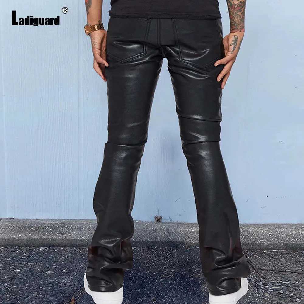 2025 Mens Stand Pocket Casual PU Leather Pants Europe Style Flare Trousers Brown Red Soft Faux Leather Pants Mens Streetwear New W250819