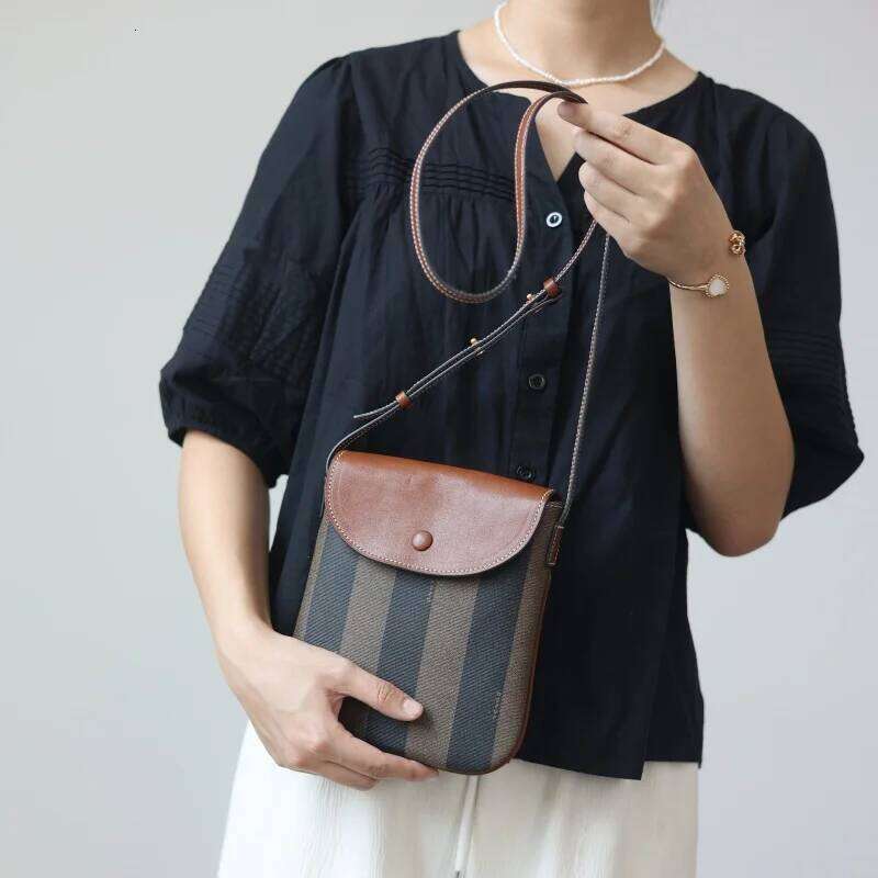 Vintage Small Size Women Crossbody Bags PVC Waterproof Fabric And First Layer Oil Wax Leather Adjustable Shoulder Strap Bag