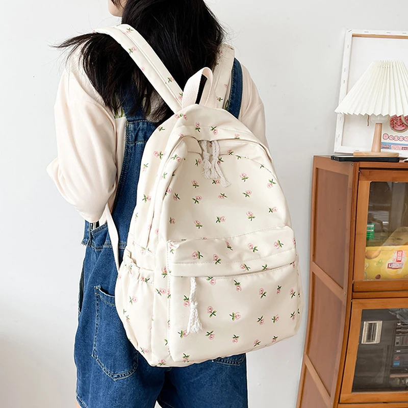 Student School Backpack Floral White School Bags For Teenage Girls Cute Womens Backpack Book Bag Nylon Rucksack250813