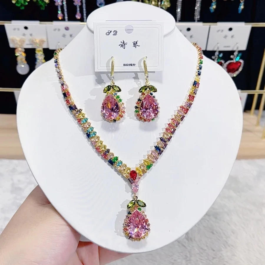 Women Fashion Trend Zircon Necklace Earrings Blue Drop Set 250815
