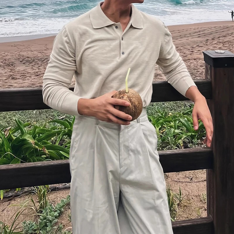 2025 Spring Autumn Fashion Mens Polo Shirts Knitted Long Sleeve Button-up Polo Neck Tops Vintage Solid Color Mens Pullover Tops 250818